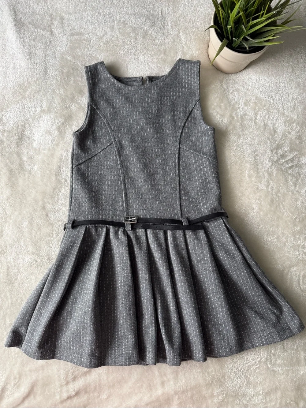 Zara Grey Pleated Formal Dress with Slim Black Belt